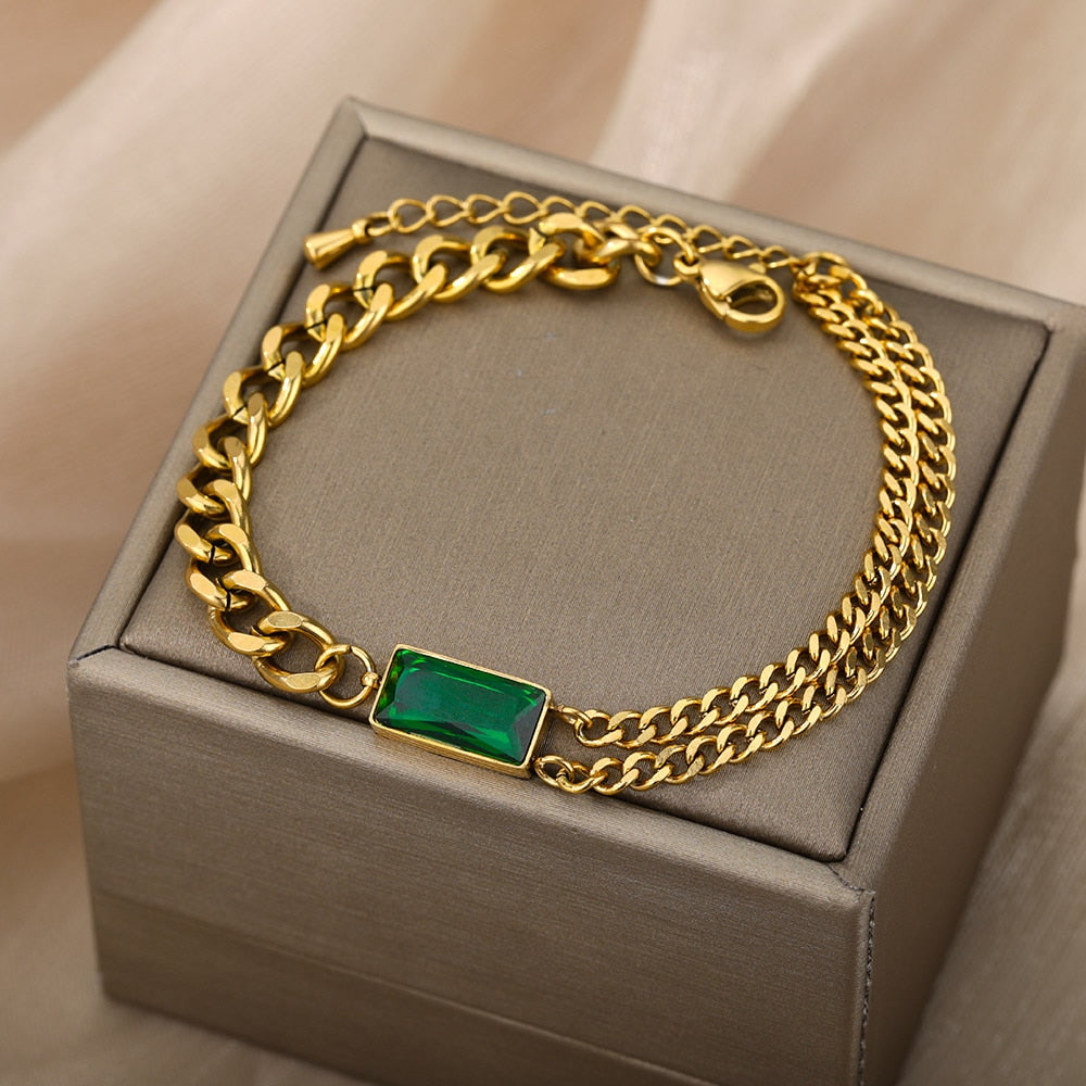 SOUVOIR Gold 14K Gold Plated, Zirconia Bracelets Seconde Bracelet | Gold Zirconia Green Stone Chain Link Bracelet