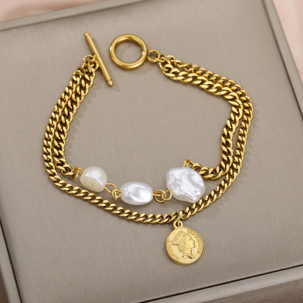 SOUVOIR Gold 14K Gold Plated, Pearl Bracelets Devant Bracelet | Gold Pearl Coin Chain Link Women's Bracelet