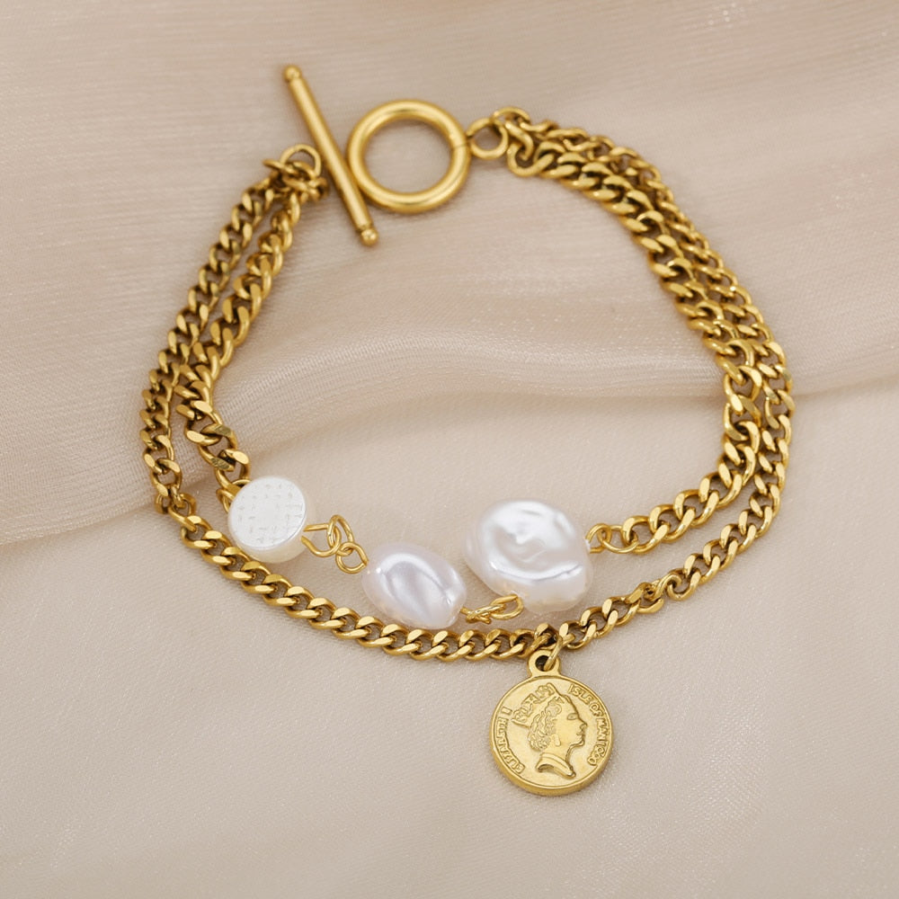 SOUVOIR 14K Gold Plated, Pearl Bracelets Devant Bracelet | Gold Pearl Coin Chain Link Women's Bracelet