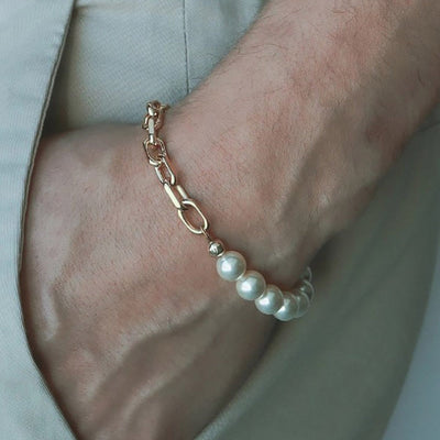 SOUVOIR 14K Gold Plated, Pearl Bracelets Ordre Bracelet | Gold Half Pearl Chain Link Bracelet