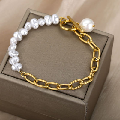 SOUVOIR Gold 14K Gold Plated, Pearl Bracelets Ordre Bracelet | Gold Half Pearl Chain Link Bracelet