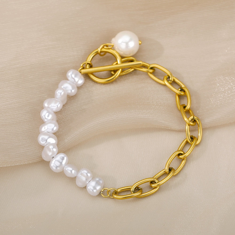 SOUVOIR 14K Gold Plated, Pearl Bracelets Ordre Bracelet | Gold Half Pearl Chain Link Bracelet