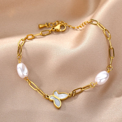 SOUVOIR 14K Gold Plated, Pearl, Zirconia Bracelets Souvent Bracelet | Gold Pearl Butterfly Simple Bracelet