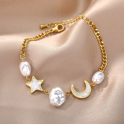 SOUVOIR 14K Gold Plated, Pearl Bracelets Revendra Bracelet | Gold Moon & Stars Pearl Bracelet