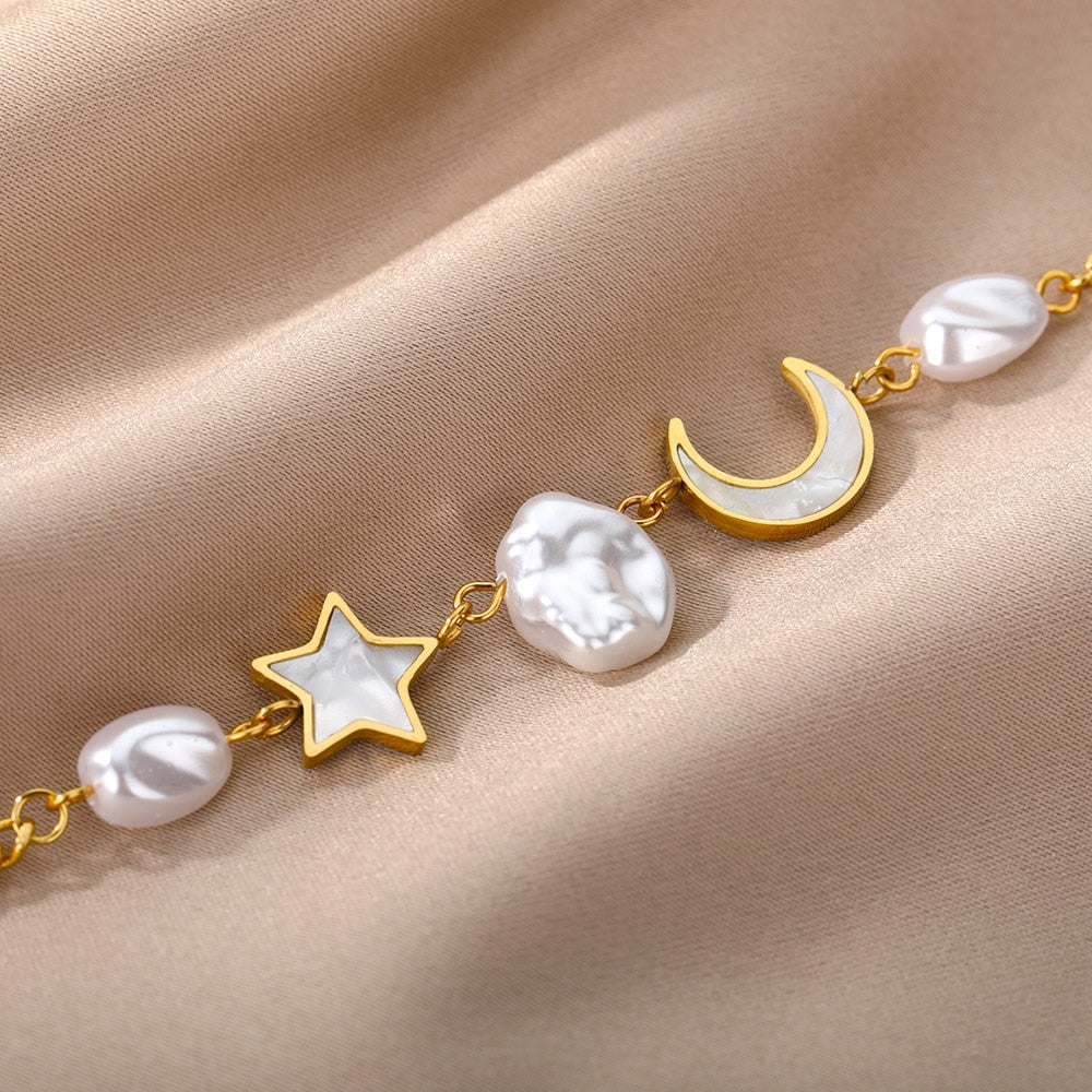 SOUVOIR 14K Gold Plated, Pearl Bracelets Revendra Bracelet | Gold Moon & Stars Pearl Bracelet