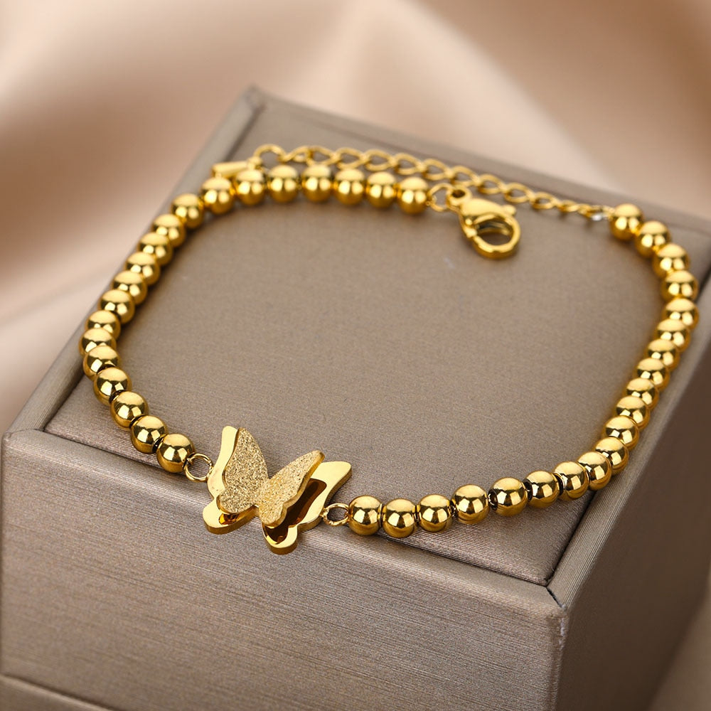 SOUVOIR Gold 14K Gold Plated Bracelets Soule Bracelet | Gold Beaded Butterfly Women's Bracelet