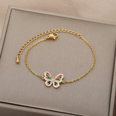 House of Shakespeare Gold 14K Gold Plated, Zirconia Bracelets Chachan Bracelet | Gold Zirconia Butterfly Animal Colorful Bracelet