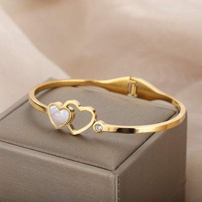 SOUVOIR Gold 14K Gold Plated, Pearl, Zirconia Bracelets Luvre Bracelet | Gold Love Heart Zirconia Resizable Bangle
