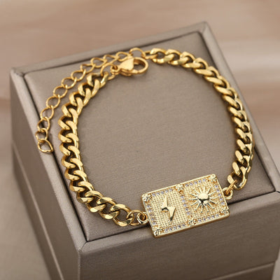SOUVOIR Gold 14K Gold Plated, Zirconia Bracelets Taille Bracelet | Gold Sun & Bolt Bracelet