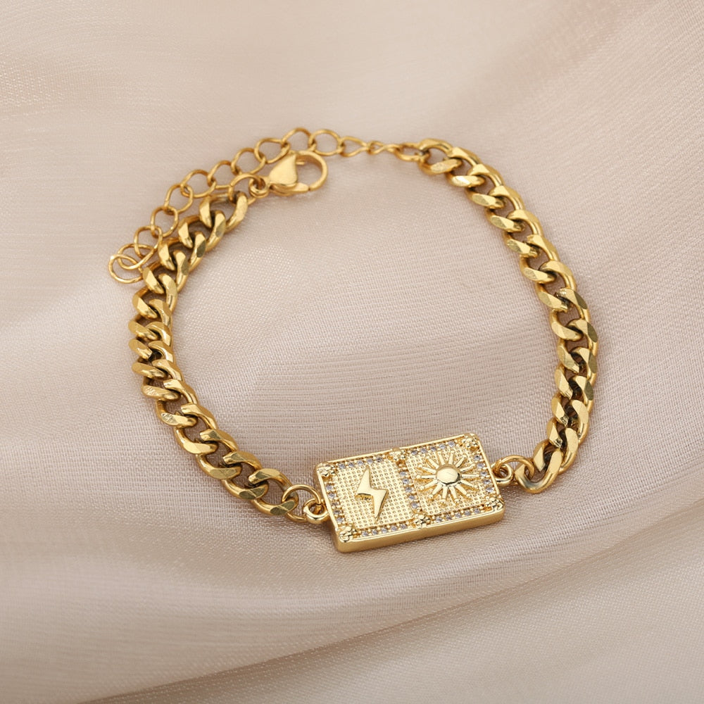 SOUVOIR 14K Gold Plated, Zirconia Bracelets Taille Bracelet | Gold Sun & Bolt Bracelet